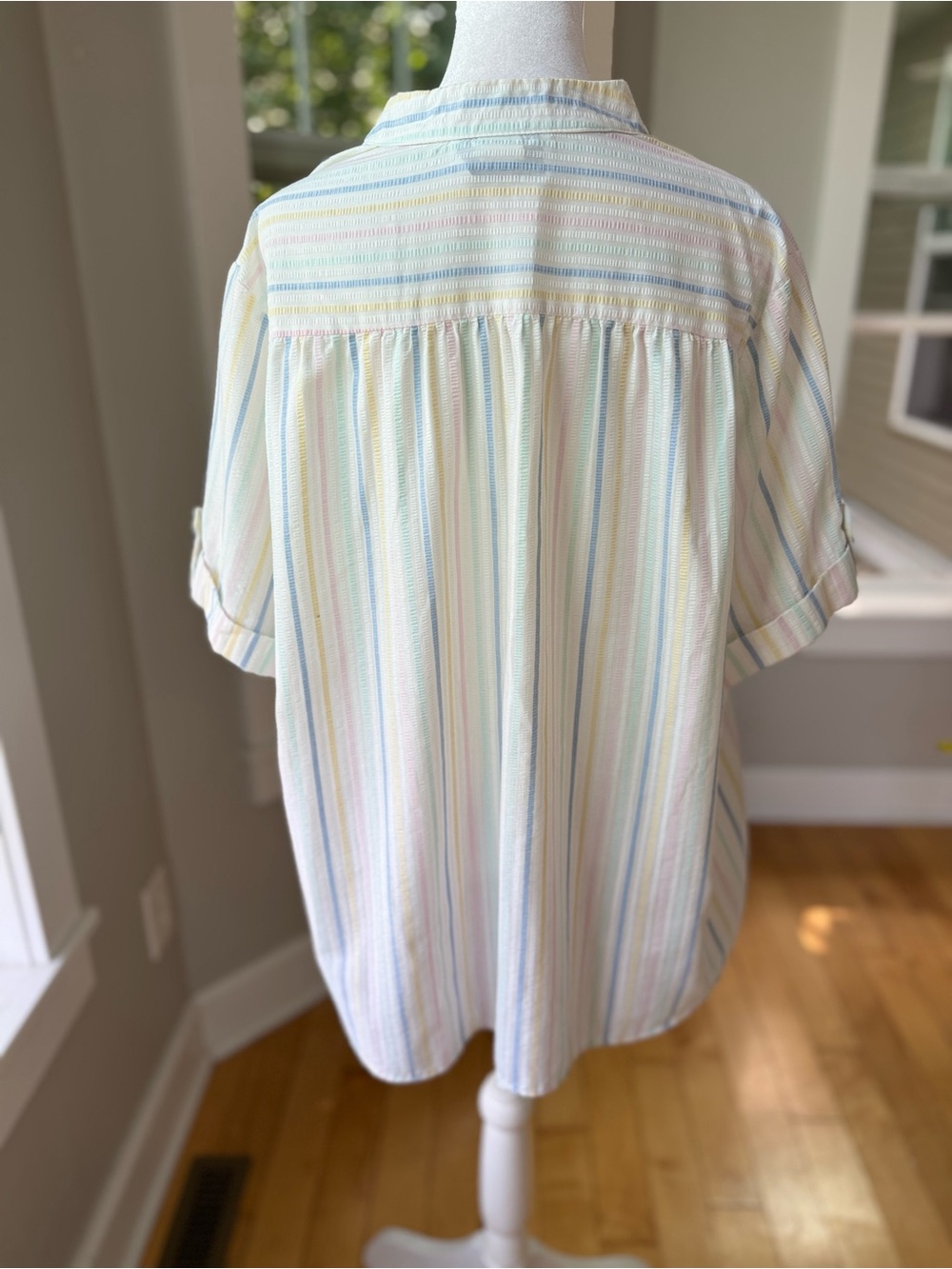 Vintage 80s 90s Pastel Pink White Blue Stripe Short Sleeve Blouse Sz 20W - Picture 4 of 10